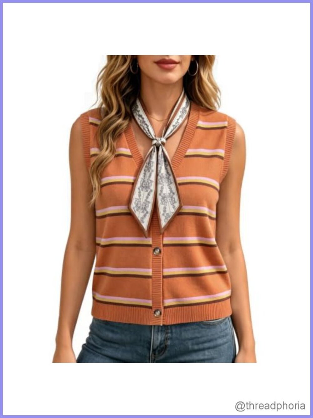 Striped Knit Sleeveless Sweater Vest with Satin Scarf - Polyester Blend,